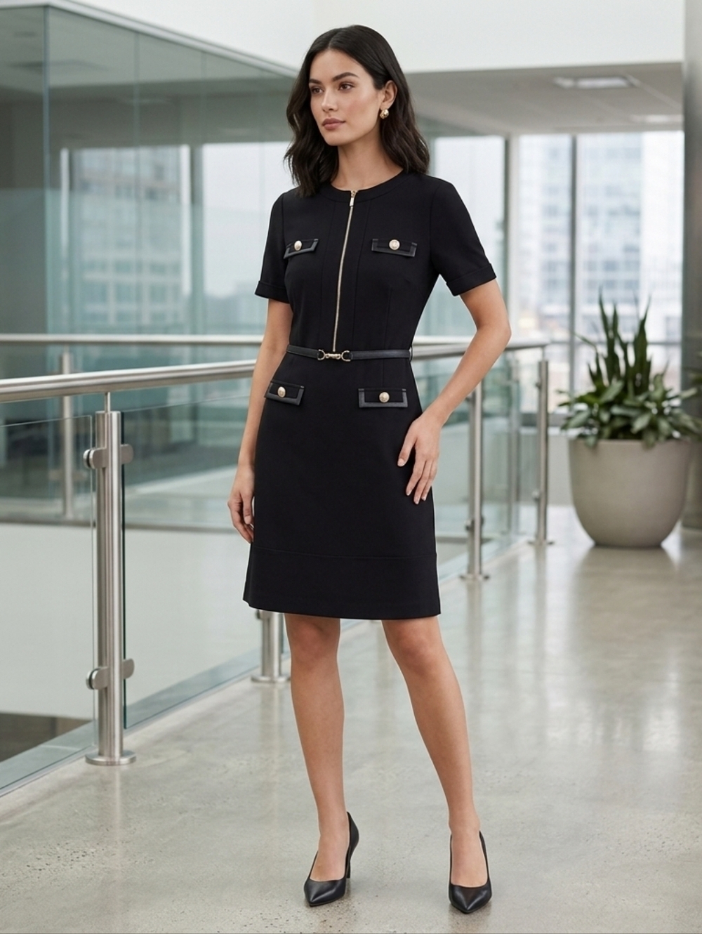 Melanie Lyne Black Office Dress 1/2 Zip Front Short Sleeve With Belt